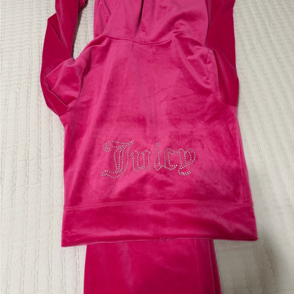 Fashion Bright Pink Velour Hoodie with Rhinestone 'Juicy' Logo
